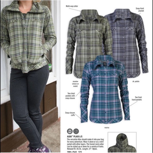 EXOFFICIO Alba Funnel Neck Plaid Shirt Jacket Green Plaid Pockets Purple Hiking - Picture 15 of 16